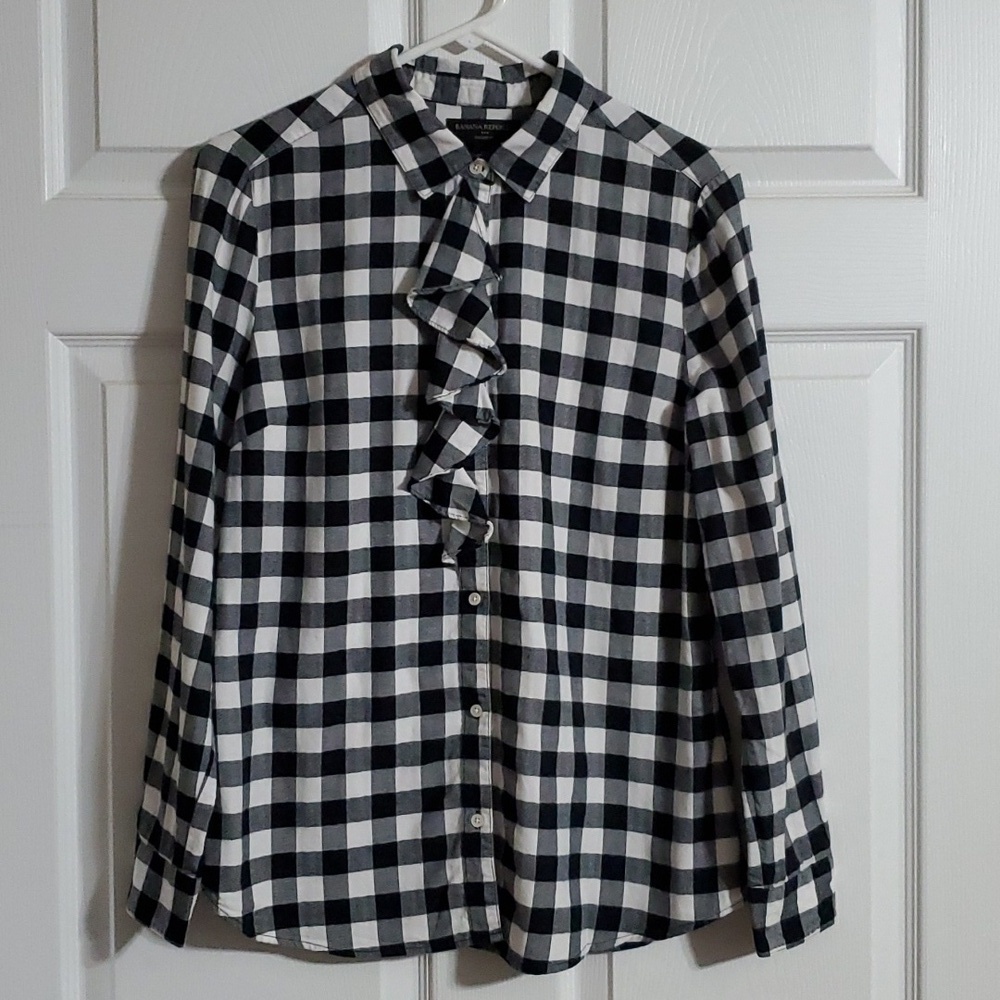 Banana Rebublic Women's Black White Plaid Long Sleeve Button Down Top Size Med